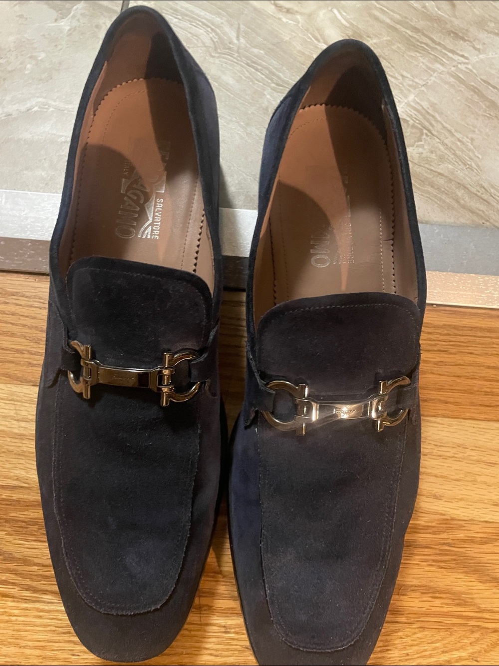 Salvatore Ferragamo Navy Suede Loafers with Gold Bit